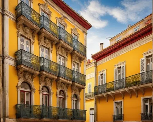 Lisbon architecture, Baroque style, ornate details, historic building, grand scale, symmetrical composition, bright yellow walls, white marble columns, intricate stone carvings, ornamental balconies, 