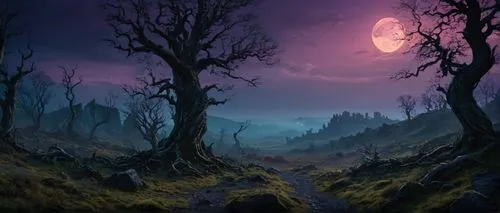 halloween background,fantasy landscape,cartoon video game background,purple landscape,haunted forest,moonsorrow,fantasy picture,swampy landscape,halloween wallpaper,moonlit night,deadmarsh,black forest,forest landscape,lunar landscape,darklands,moonscape,blackmoor,landscape background,ghost forest,purple moon,Photography,General,Fantasy