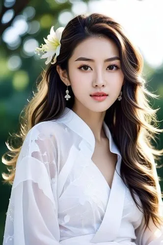 very high resolution 8K picture, a realistic photography picture. A very beautiful 20 years old woman, long messy black hair and brown eyes. Detailed she is wearing a white kimono with colorfull lilly