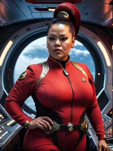 plus-sized chubby obese Lt. Ohura wearing jewellery, and an original Star Trek red one-piece jumpsuits made of spandex, zipper completely down open,  on the main bridge of the USS Enterprise with her 