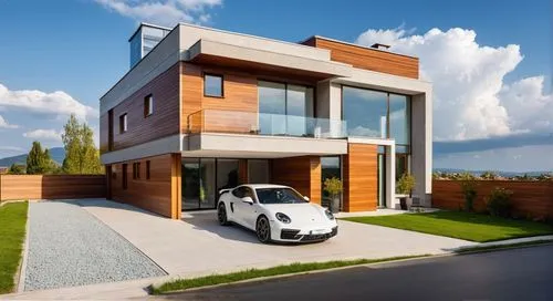 Create an image of a modern home with straight lines and neutral colors. The house is mostly made of concrete but has some details in wood and stone. In the garage, place a beautiful sports car. In th