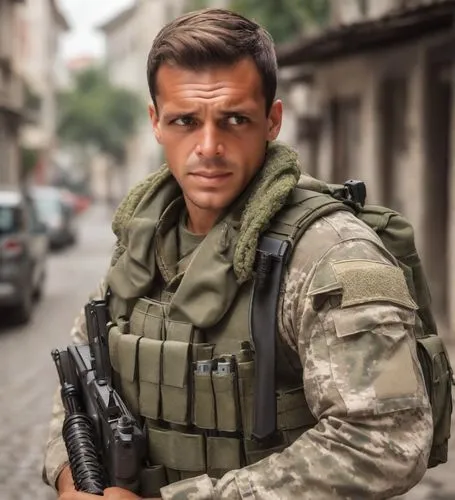 
soldado masculino  do exercito brasileiro vestindo uma farda camuflada com semblante fechado , no meio da cidade, guerra  urbana ,danila bagrov,swat,romanian,military person,ballistic vest,fallen her