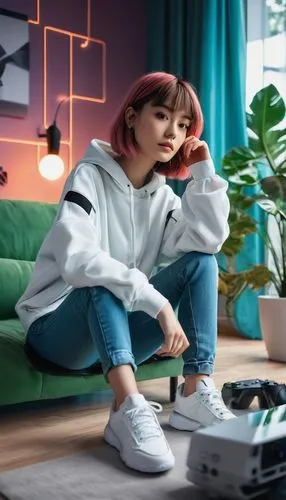 Modern living room, online game setting, trendy female gamer, 20yo, short bobbed hair, casual wear, ripped jeans, white sneakers, gaming console, large screen TV, minimalistic background, neon lights,