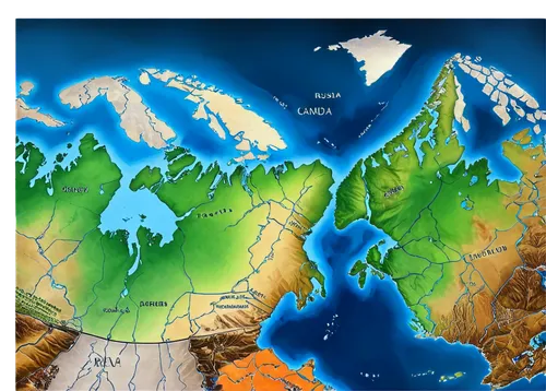 Russia Canada map, political boundaries, colorful countries, detailed borders, geographical features, mountains, forests, rivers, lakes, snow-capped peaks, misty atmosphere, aerial view, low altitude,