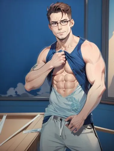 Fyodor Smolov lifting his shirt, showing his abs,guy with shirt tied up in front of a window,radowo,lipsett,wightman,male poses for drawing,musclebound,fitness model,Anime,Anime,General