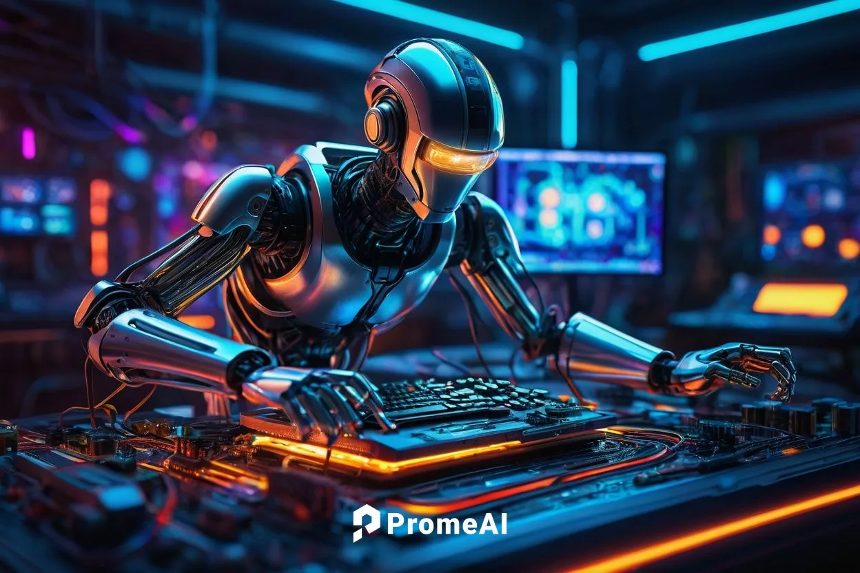 Best image generator AI, free, digital art, futuristic laboratory, robotic arms, computer screens, wires, circuits, motherboard, CPU, GPU, futuristic lighting, neon glow, metallic texture, high-tech b