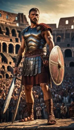 Ancient Roman gladiator, muscular man, sweaty skin, intense gaze, short brown hair, stubble beard, torn leather armor, worn-out sandals, holding a trident, standing victorious in the Colosseum, stone 