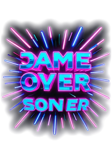 "Game Over, sound effect, neon lights, dark background, pixel art, retro style, bold font, broken screen, shattered glass, sparks flying, smoke rising, dramatic lighting, low-angle shot, cinematic com