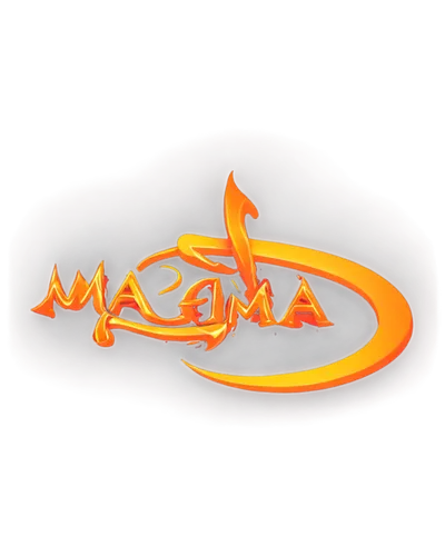 Magma logo, abstract design, vibrant orange-yellow gradient, molten lava texture, circular shape, modern typography, bold font, 3D effect, metallic material, glossy finish, central symmetry, dynamic c