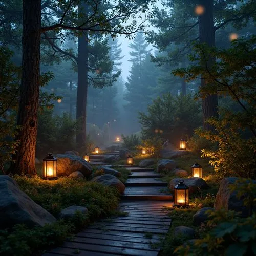 forest path,wooden path,pathway,the mystical path,forest,elven forest,forest glade,lanterns,forest landscape,forest of dreams,fairy forest,the forest,hiking path,japanese zen garden,japanese garden,zen garden,the path,enchanted forest,foggy forest,woodland