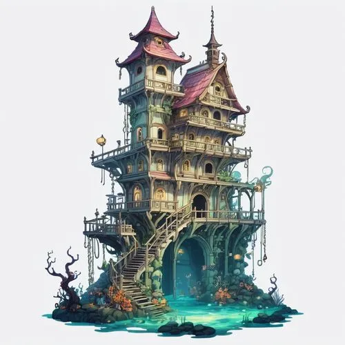 house of the sea,ghost castle,seafort,fairy tale castle,yamatai,floating island,Illustration,Abstract Fantasy,Abstract Fantasy 11