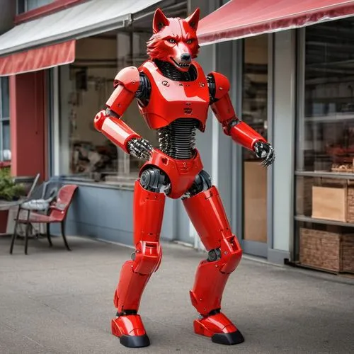 female anthropomorphic werewolf red mannequin, robot made of red plastic, plastic exterior, plastic head, plastic face, plastic body, plastic mechanisms, plastic gears, friendly, smiling happily, appr