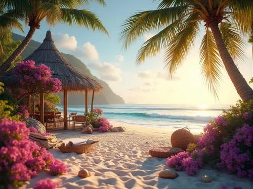 tropical beach,dream beach,beach landscape,beautiful beach,beautiful beaches,beach scenery,tropical island,caribbean beach,paradise beach,paradises,tropical house,tropics,beachfront,umbrella beach,tropical sea,paradis,mountain beach,beach resort,seclude,tropical floral background,Photography,General,Realistic