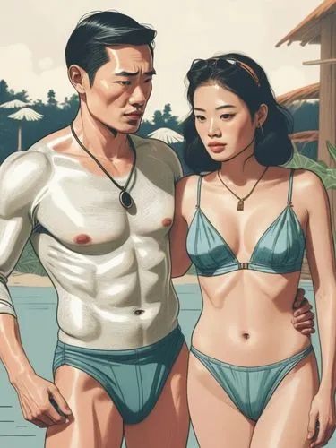 Line drawing of two people in the jungle,the asian woman in a swim suit has her arm around the man's chest,baoku,nikkatsu,okimoto,beach goers,kawaii people swimming,araki,Illustration,Vector,Vector 03