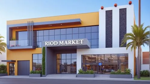 a building with a sign that reads rod market,secondmarket,homegrocer,hypermarket,holtsmark,principal market,market introduction,Photography,General,Realistic