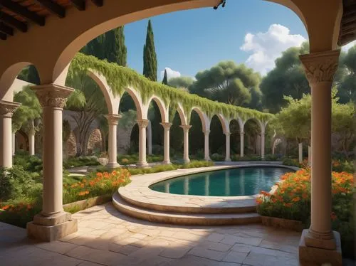 dorne,archways,roof landscape,provencal,pool house,courtyard,alhambra,pergola,courtyards,rivendell,orangerie,3d rendering,arches,landscaped,hacienda,inglenook,patio,theed,world digital painting,gardens,Illustration,Japanese style,Japanese Style 13