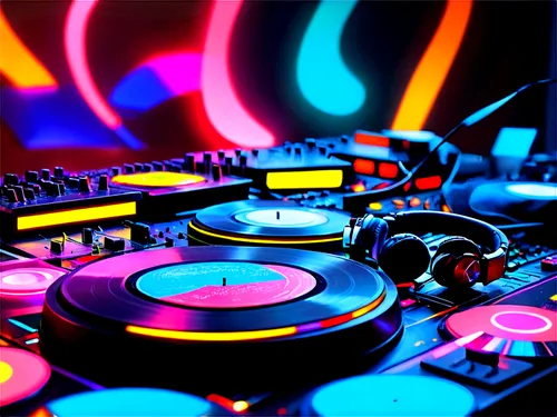 Intro music, no copyright, DJ, mixing console, headphones, vinyl records, futuristic neon lights, abstract background, 3D waveforms, psychedelic patterns, vibrant colors, close-up shot, shallow depth 