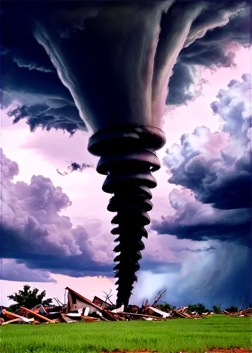 Tornado, natural disaster, dark funnel cloud, rotating column, destruction, debris, ruins, chaos, stormy weather, ominous sky, low-angle shot, dramatic lighting, high contrast, shallow depth of field,