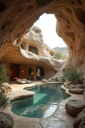 A luxurious subterranean villa built into a rocky desert landscape, with expansive skylights carved into the ground to bring natural light into the interior. The design emphasizes privacy and serenity