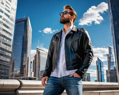 Male, architectural photographer, 30s, casual clothing, denim jeans, black leather jacket, white shirt, brown hair, glasses, beard, holding camera, standing, looking up, Denver cityscape, modern skysc