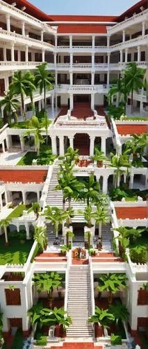 Modern architecture college building, Kerala style, white walls, red tiles, lush greenery surroundings, tropical trees, intricate carvings, grand entrance, marble floors, elegant staircases, spacious 