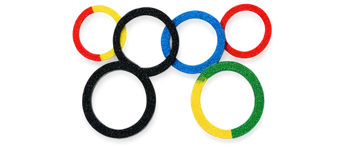 Olympic rings, shiny metallic material, interconnected five rings, blue, yellow, black, green, red, detailed texture, reflective surface, bright lighting, 3/4 composition, shallow depth of field, vibr