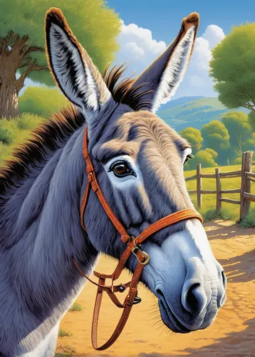 Create a heartwarming children's book about a friendly donkey with a special eye.,electric donkey,half donkey,horse tack,bridle,donkey of the cotentin,horse harness,donkey,zonkey,portrait animal horse