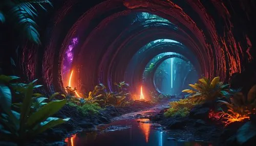 labyrinthian,tunnel of plants,tunnel,plant tunnel,alien world,futuristic landscape,tunnels,cave,subterranean,passage,beneath,wall tunnel,portals,rift,cavern,lava river,cave on the water,tunel,caves,vortex,Photography,General,Fantasy