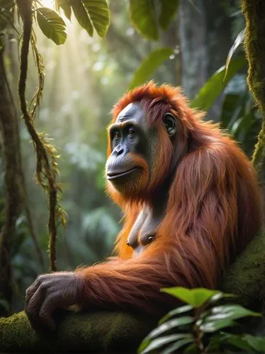 Clyde the orangutan, solo, (adult), majestic furry body, expressive detailed face, big round eyes, nose wrinkles, gentle smile, shaggy orange fur, muscular arms, grasping a tree branch, sitting on a j