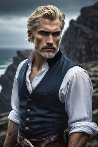 Dalinar Kholin, high prince of Alethkar, mature man, strong jawline, short blond hair, blue eyes, scar above eyebrow, formal attire, black vest, white shirt, silver brooch, sword at waist, standing, c