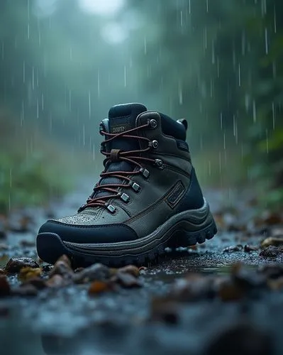 Showcase a rugged hiking boot's durability by presenting it amid simulated harsh weather conditions. Shoot with a 24-70mm lens at f/7.1 for a wide depth of field. Use a complex lighting setup to creat