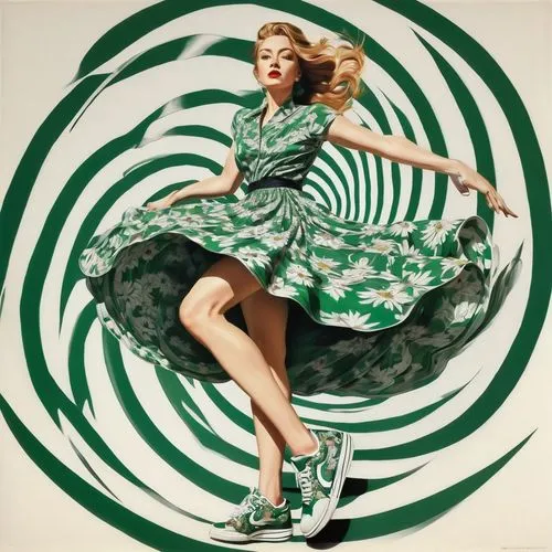 In an unexpected twist, a woman in a floral dress and a stylish pair of sneakers steps into a distorted perspective of a spiral. Her hair spins in unison, and her eyes sparkle with intensity. The dist