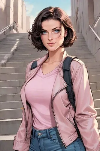 young beautiful curvy woman with brown neck-length bob hair, light pink lipstick, wearing light pink jacket, black V-neck T-shirt,  blue jeans posing while standing on the stairs leading to the bank,a