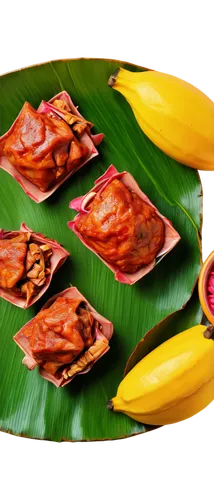 Mexican traditional dish, cochinita pibil, slow-roasted pork, marinated in citrus juice, wrapped in banana leaves, served on a clay plate, colorful ceramic tiles background, vibrant red and yellow hue