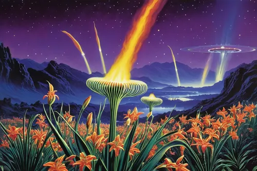 Imagine a sci-fi world where schopf-torch lilies are used as a source of energy for intergalactic travel.,fritillaria aurora,sulfur cosmos,mushroom landscape,night-blooming cactus,cosmic flower,aurora