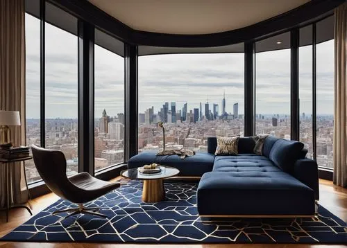 Miles Redd, modern interior designer, mid-40s, masculine facial features, short brown hair, rectangular glasses, black shirt, dark blue jeans, sleek leather sofa, minimalist coffee table, geometric pa