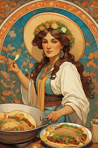 Write a heartwarming story about a mother cooking tacos for her family.,mucha,russian folk style,woman holding pie,art nouveau,sicilian cuisine,paella,thanksgiving background,placemat,merida,art nouve