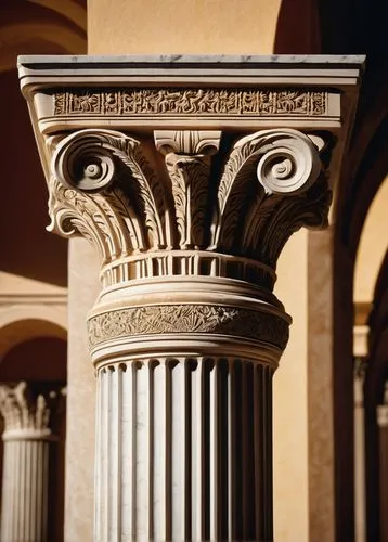 Ancient Greek column, Doric, Ionic, Corinthian, Tuscan, Romanesque, Gothic, ornate capital, fluted shaft, pedestal base, marble material, intricate carvings, temple surroundings, sunny day, low angle 