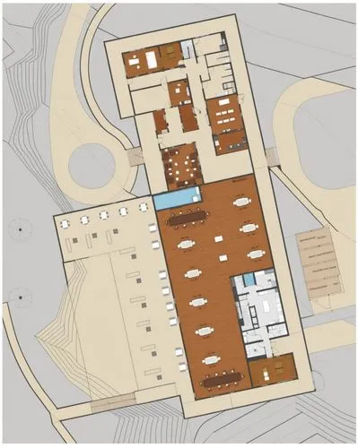 The image is a floor plan for an ecolodge ground floor, featuring an entrance and reception area, multiple dining areas, a kitchen, a pool with surrounding seating, outdoor seating and pathways, addit