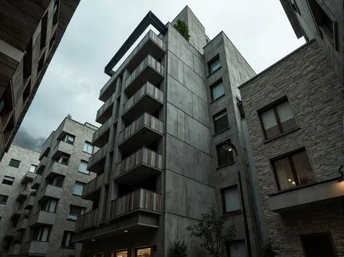 Rugged brutalist building, rough-hewn concrete walls, exposed ductwork, industrial metal beams, weathered wooden accents, distressed stone fa\u00e7ade, bold geometric forms, fortress-like structure, d