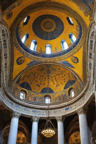 Byzantine art, intricate mosaics, golden domes, ornate frescoes, majestic cathedrals, ornamental capitals, marble columns, ornate arches, vaulted ceilings, grandiose interiors, lavish decorations, Chr