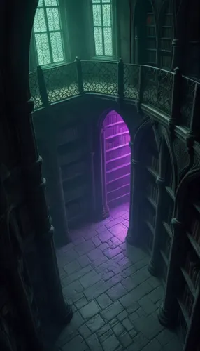 A purple glow fades away.,a door with an opening into a liry,dungeon,cellar,trapdoors,creepy doorway,magorium,dungeons