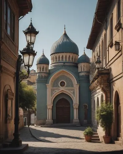 Tbilisi architecture, ancient cityscape, historic buildings, ornate facades, grandiose entrance gates, intricate stone carvings, majestic domes, minarets, narrow cobblestone streets, vintage street la