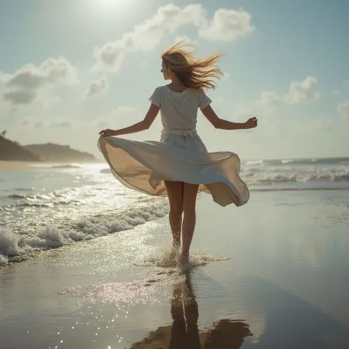 A woman encountered strong winds while walking and her skirt was lifted up by the strong winds,,the woman in white is walking on the beach,walk on the beach,eurythmy,little girl in wind,exhilaration,g