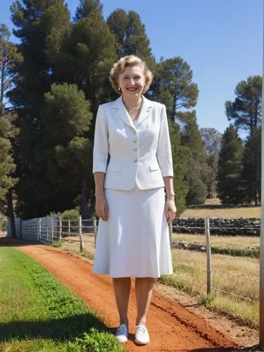 Eva Braun smiling at the high fence in California.,an old lady in white outside by some trees,paquita,murrurundi,country dress,strathbogie,glenrowan,transadelaide,Photography,Black and white photograp