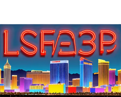 Las Vegas sign, neon lights, colorful letters, bold font, 3D effect, glossy surface, reflective material, night scene, cityscape background, vibrant colors, shallow depth of field, high contrast, cine