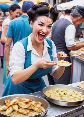 In a bustling street fair, a street food vendor prepares traditional loukamades. Capture the excitement and joy on people's faces as they take their first bite.,chile and frijoles festival,sicilian cu