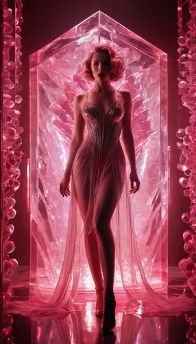 lady with crystaline pink glowing eyes, her lips are out of shattert red glass,neo-burlesque,burlesque,pink diamond,ballerina,rose quartz,queen cage,tutu,agent provocateur,femme fatale,cinderella,pepp