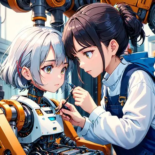 Illustration of a mechanic repairing a robot from the inside, with the help of a small assistant robot, highly detailed and realistic,makita,robotics,ryobi,operators,roboticists,mios,soldering,automat