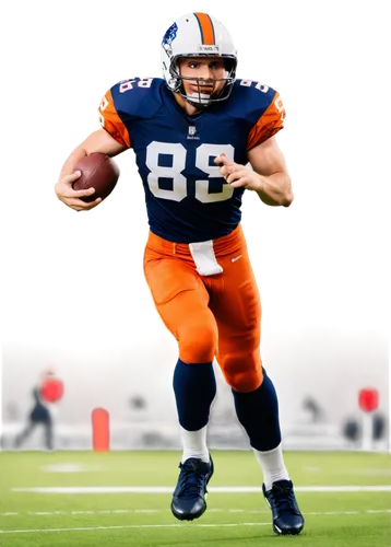 American football player, muscular man, athletic build, helmet, shoulder pads, football uniform, holding ball, running, jumping, dynamic pose, intense facial expression, stadium background blurred, so